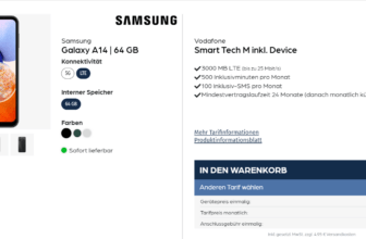Starmobile: Samsung Galaxy A14 5G + Vodafone Smart Tech M mit 3GB LTE für 9,99 €/Monat + 54,90 € einmalig