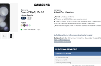 starmobile: Samsung Galaxy Z Flip5 5G + congstar Allnet Flat M 20 GB LTE für 22,00 € / Monat + 474,90 € einmalig