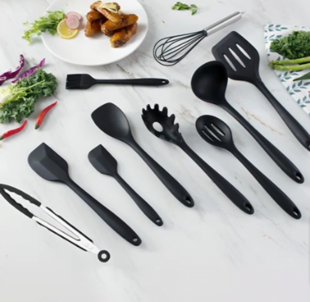 Silikon-Küchenutensilien-Set – 12 Teile Inkl. Halter, Hitzebeständig Bis 230°C, Schwarz