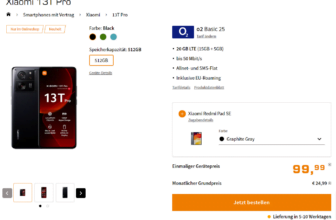 Saturn Tarifwelt: Xiaomi 13T Pro + Xiaomi Redmi Pad SE + o2 Basic 25 20 GB LTE für 24,99 € / Monat + einmalig 144,93€