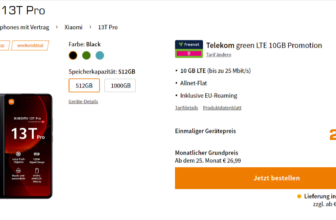 Saturn Tarifwelt: Xiaomi 13T Pro + freenet Telekom green LTE 10 GB für 24,99 € / Monat + einmalig 74,93 €