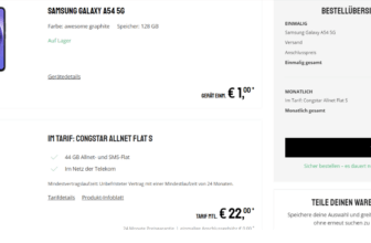 Sparhandy: Samsung Galaxy A54 + congstar Allnet Flat S 44 GB LTE für 22,00 € / Monat + 7,99 € einmalig