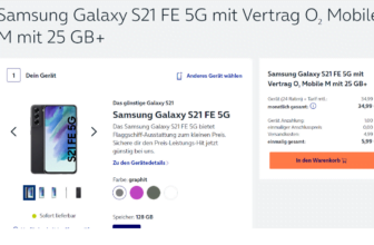 Samsung Galaxy S21 FE 5G + O2 Mobile M mit 25 GB+ 5G für 34,99 € / Monat + 5,99 € einmalig