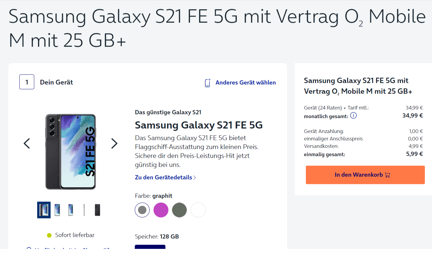 Samsung Galaxy S21 FE 5G + O2 Mobile M mit 25 GB+ 5G für 34,99 ...