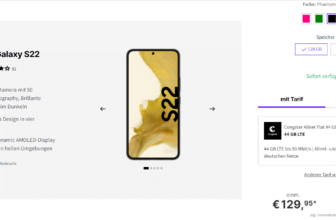 DEINHANDY: Samsung Galaxy S22 + congstar Allnet Flat 44 GB LTE 22,00 € / Monat + 136,94 € einmalig