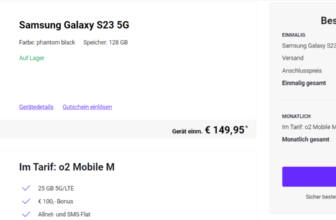 DEINHANDY: Samsung Galaxy S23 5G + o2 Mobile M 25 GB 5G für 29,99 € / Monat + € 196,93 € einmalig