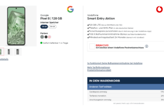 starmobile: Google Pixel 8 + Vodafone Smart Entry 20 GB LTE für 29,99 € / Monat + 179,90 € einmalig