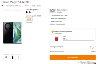 Saturn Tarifwelt: Honor Magic 5 Lite 5G + McAfee LiveSafe Device Attach + Super Select S 10 GB LTE für 9,99 € / Monat + 35,94 € einmalig