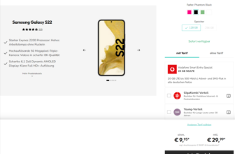 Sparhandy: Samsung Galaxy S22 + Vodafone Smart Entry 20 GB 5G für 29,99 € / Monat + 56,93 € einmalig