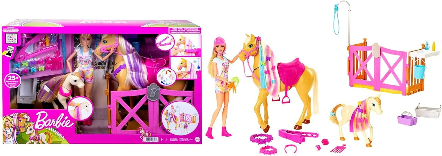 Barbie HGB58 – Frisier- und Reitspaß – Reitset mit Pferd, Pony, Puppe und über 20 Zubehörteilen für 43,89 € inkl. Versand (statt 57,23 €)