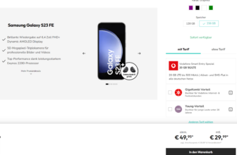 Angebot: Samsung Galaxy S23 FE + Samsung Buds FE + Vodafone Smart Entry Spezial 20 GB 5G für 56,93 € / Monat + 96,93 € einmalig