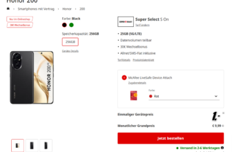 MediaMarkt Tarifwelt: Honor 200 + McAfee LiveSafe Device Attach + Super Select S 25 GB LTE für 14,99 € / Monat + 35,94 € einmalig