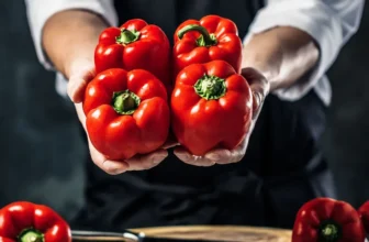 Rote Paprika auf Holztisch mit marktguru-Logo