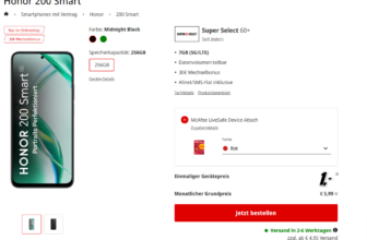 MediaMarkt Tarifwelt: Honor 200 Smart + McAfee LiveSafe Device Attach + Super Select 60+ 7GB 5G für 5,99 € / Monat + 35,94 € einmalig