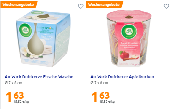 Action: Air Wick Duftkerzen 105g mit 30std Brenndauer, verschiedene Sorten für 1,63€