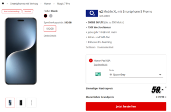 MediaMarkt Tarifwelt: Honor Magic 7 Pro + Honor Pad X8A + o2 Mobile XL 300 GB 5G für 34,99 € / Monat + 103,94 € einmalig