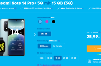 Blau: Xiaomi Redmi Note 14 Pro+ 5G Redmi Watch 5 Active + Blau Allnet M 15 GB 5G für 25,99 € / Monat + einmalig 5,99 €