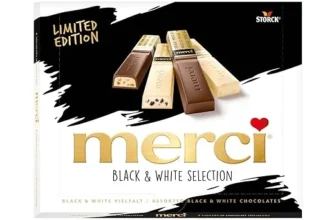 merci Finest Selection Schokoladenriegel in Schwarz und Weiß auf einem Teller