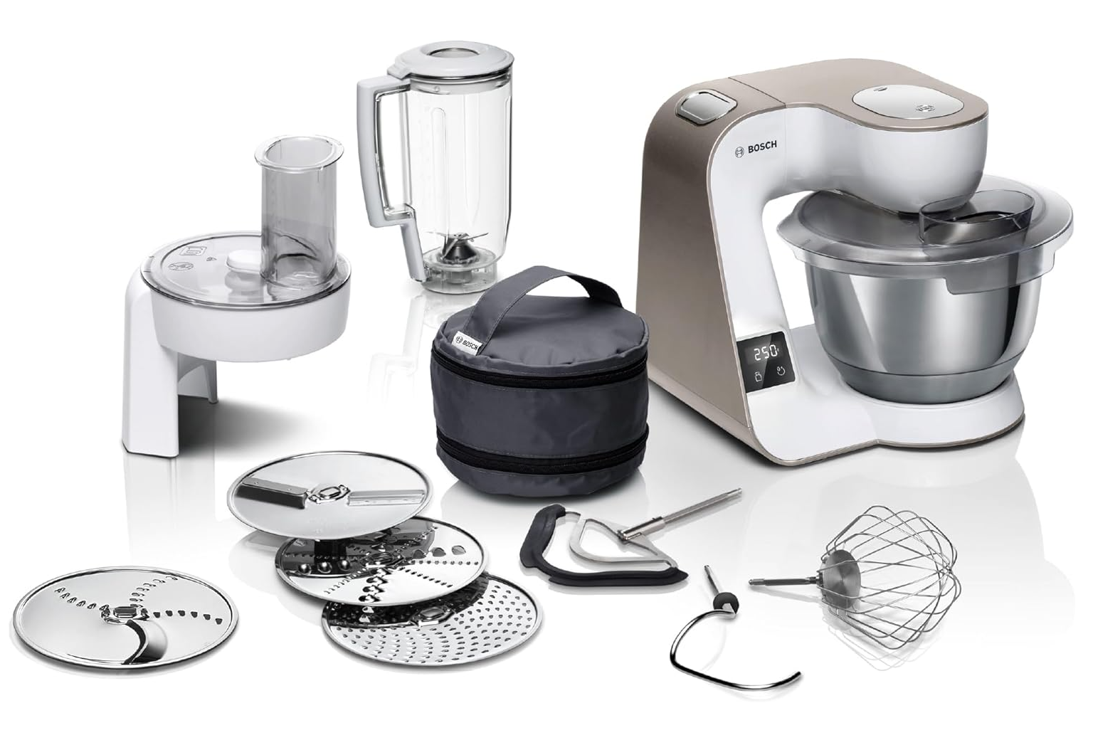 Bosch Küchenmaschine Serie 4 MUM5XW20, Edelstahl-Schüssel 3,9 L, integrierte Waage, Mixer 1,25 L, Profi-Knethaken, Schnee-, Silikonbesen, Durchlaufschnitzler, 4 Scheiben, 1000 W, Weiß/Silber für 224,99€ (statt 274,00€)