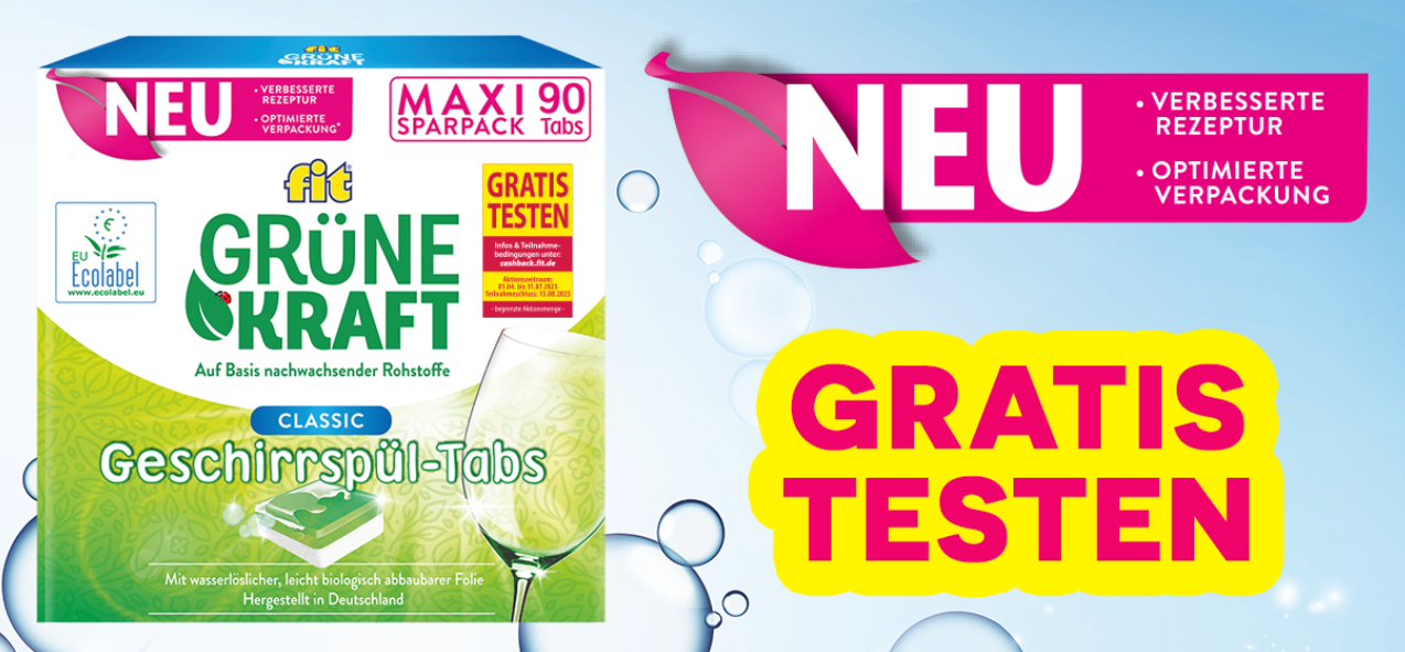 Gratis Testen durch Cashback: fit Grüne Kraft Classic Geschirrspültabs [ab 01.04. mit Aktionssticker]