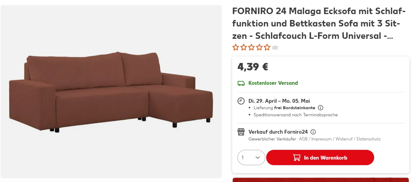 Preisfehler: FORNIRO 24 Malaga Ecksofa für 4,39€