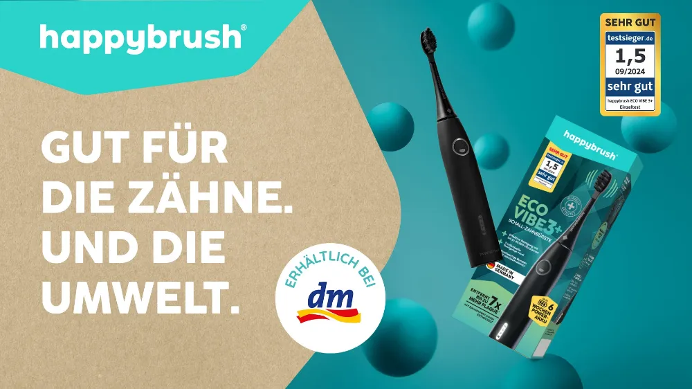 marktguru: 10,00 € Cashback auf happybrush Eco Vibe 3+ Schallzahnbürste (nur über Kauf bei dm)