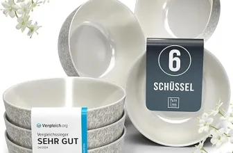 Steingut Müslischalen Ibiza 6 Personen (5 Farben, Gr. Becher (6x) bis Servierschüssel groß) für 19,95 € inkl. Prime-Versand