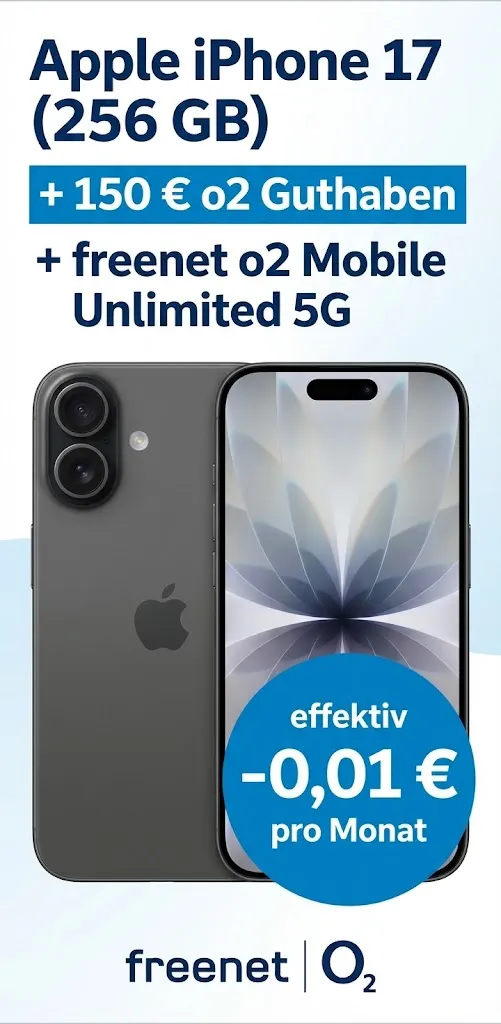 MediaMarkt Tarifwelt: Apple iPhone 17  (256 GB) + 150 € o2 Guthaben + freenet o2 Mobile Unlimited 5G für 29,99 € / Monat + 378,94 € einmalig