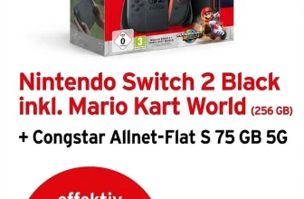 Logitel: Nintendo Switch 2 Black inkl. Mario Kart World (256 GB) + Congstar Allnet-Flat S 75 GB 5G für 19,00 € / Monat + 73,99 € einmalig