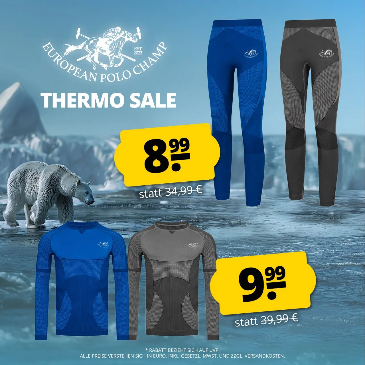 EUROPEAN POLO CHAMP Herren Thermo Langarmshirt 9,99 € oder Thermo Hose 9,99 € (2 Farben, Gr. M bis 2XL) zzgl. Versand