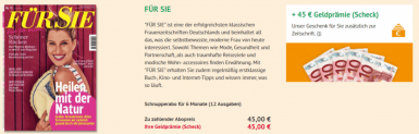 Halbjahresabo (12 Ausgaben) “Für Sie” für 45€ +45€ Geldprämie als Scheck