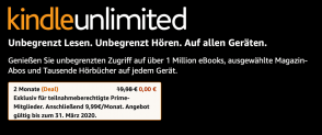 Gratis testen: 2 Monate Amazon Kindle Unlimited gratis – Neukunden oder Bestandskunden ohne Abo