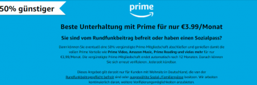 Amazon Prime: 50% Rabatt für ALGII /Sozialpassinhaber/Rundfunkgebührenbefreite