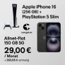 Gomibo: Apple iPhone 16 (256 GB) + PlayStation 5 Slim + congstar Allnet-Flat 150 GB 5G für 29,00 € / Monat + 363,95 € einmalig