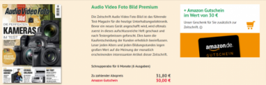 Schnupperabo für 6 Monate (6 Ausgaben) “Audio Video Foto Bild Premium” für 31,80 € + 30 € Amazon Gutschein
