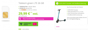 Get Handy: Telekom green LTE 26 GB Allnet Falt (21,6 Mbit/s) für 29,99€ mtl. + SOFLOW E-Scooter Gratis
