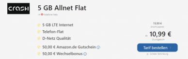5 GB Vodafone AllnetFlat 19,99€ einmalig 10,99€ Monat + 50€ Amazon.de Gutschein + 50€ Wechselbonus bei Rufnummernmitnahme