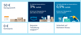 Amazon VISA Karte mit 50 € Startguthaben + Dauerhaft kostenfrei (Prime-Kunden) + 3 % Cashback für Einkäufe bei Amazon