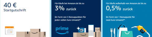 Amazon VISA Karte mit 40€ Startguthaben + Dauerhaft kostenfrei ( Primekunden) + 3 % Cashback für Einkäufe bei Amazon