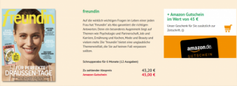 Halbjahresabo (12 Ausgaben) “Freundin” für 43,20 € + 45,00 € Amazon Gutschein