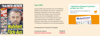 Halbjahresabo (25 Ausgaben) “Sport Bild” für 70,00 € + 70 € Best Choice Gutschein als Prämie