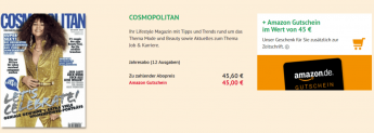 Jahresabo (12 Ausgaben) “COSMOPOLITAN” für 45,60 € + 45 € Amazon.de Gutschein als Prämie