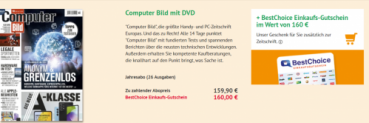 Jahresabo (26 Ausgaben) “Computer Bild mit DVD” für 159,90 € + 160,00 € Best Choice Gutschein als Prämie