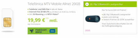MTV Mobile Allnet Flat (Telefónica ) mit 20GB LTE + JBL Flip 5 Bluetooth Lautsprecher für 19,99€ mtl.
