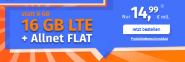 PremiumSIM LTE Allnet-Flat XL mit 16 GB LTE und 50 Mbit/s für 14,99€ mtl.