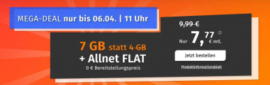 PremiumSIM LTE Allnet-Flat mit 7 GB Datenvolumen – für 7,77€ pro Monat (monatlich kündbar) statt 9,99€