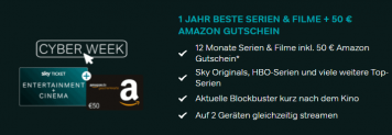 Sky Ticket Cyber Week: Entertainment + Cinema Paket + 50,00 € Amazon Gutschein für 9,98 € mtl.
