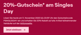 ebay Singles Day: 20 % Gutschein auf alle Artikel von teilnehmender Verkäufern