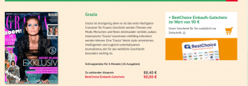 Schnupperabo (26 Ausgaben) “Grazia” für 88,40€ + 90€ BestChoice Gutschein als Prämie