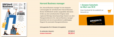 Halbjahresabo (6 Ausgaben) “Harvard Business manager” für 87€ + 90€ Amazon Gutschein